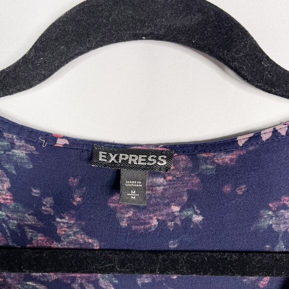 Express Womens Medium Navy Blue Pink Floral Ruffled Front Sleeveless Blouse Top - Picture 6 of 7